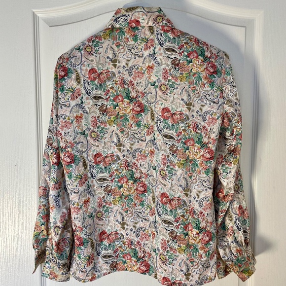 Size M 90's Floral Silk-Look Long Sleeve Blouse with Shoulder Pads - Picture 2 of 8